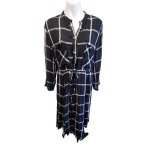 Altard State Medium Black & White Plaid Button-Down Midi Dress With Tie Waist